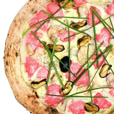 Пицца с морепродуктами и розовой моцареллой