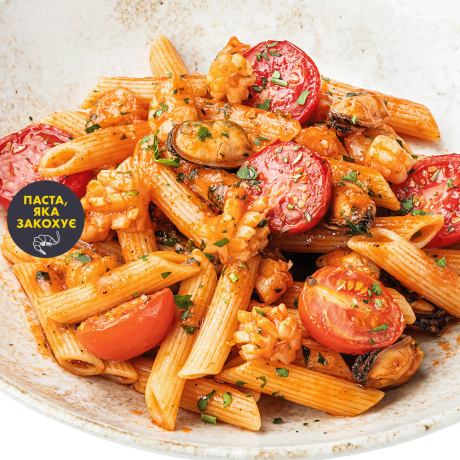 Penne with seafood in tomato sauce